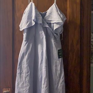 BLUE AND WHITE STRIPED OFF-THE-SHOULDER MIDI DRESS